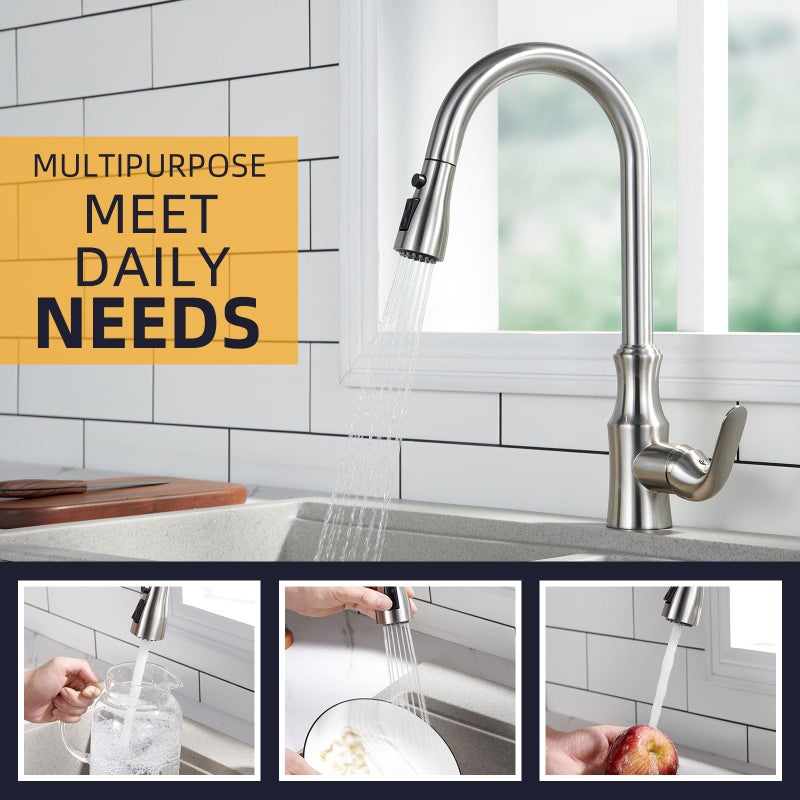 Angle Simple Kitchen Faucet Head Replacement, G 1/2 or 13/16 Inch Male Thread Connector, Tested to NSF/ANSI/CAN 61 & 372, Sink Faucet Sprayer Attachment, Stream Spray and Pause Mode, Brushed Nickel - Image 4